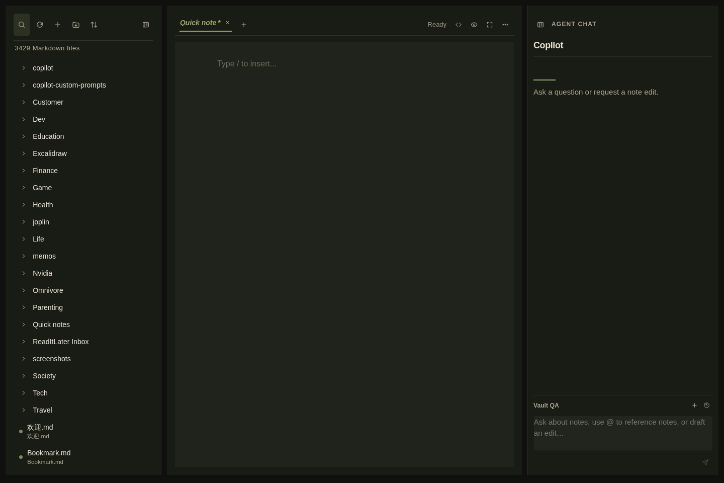Lumynn workspace: library tree on left, editor in center, Copilot agent on right, dark theme